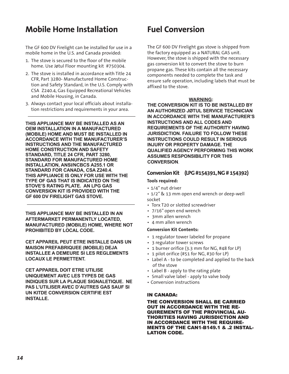 Mobile home installation, Fuel conversion | Jotul GF 600 DV User Manual | Page 14 / 28