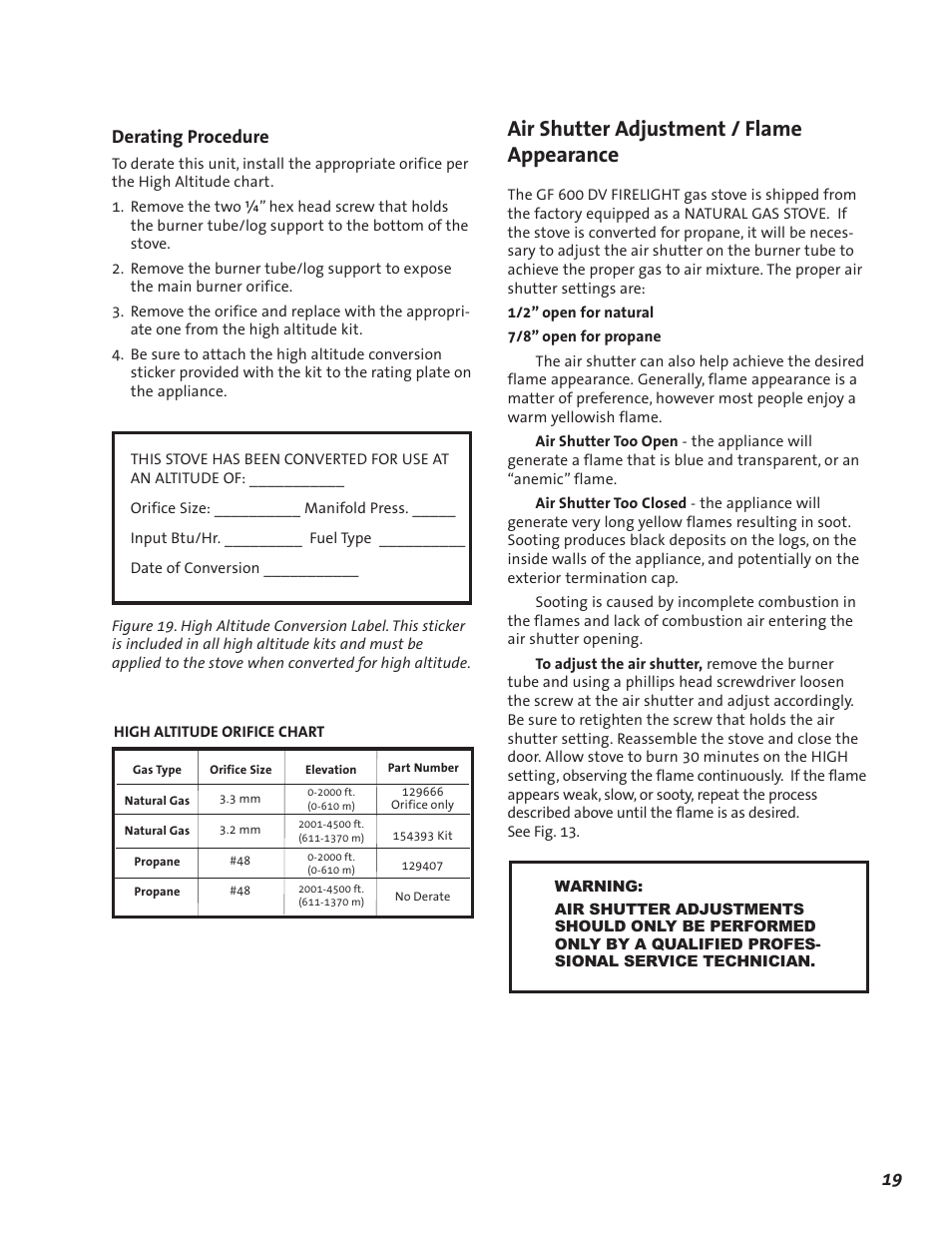 Air shutter adjustment / flame appearance, Derating procedure | Jotul GF 600 DV User Manual | Page 19 / 28