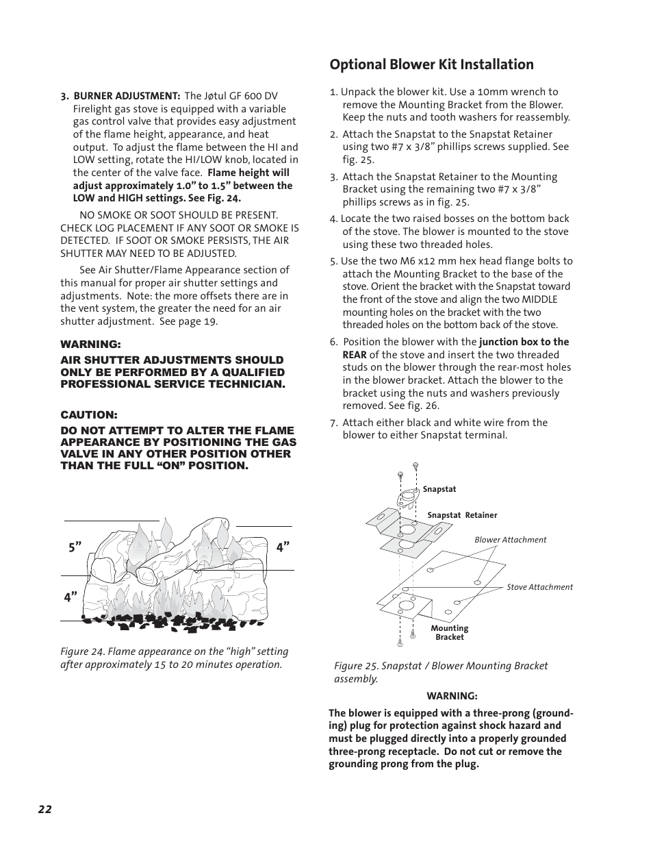 Optional blower kit installation | Jotul GF 600 DV User Manual | Page 22 / 28