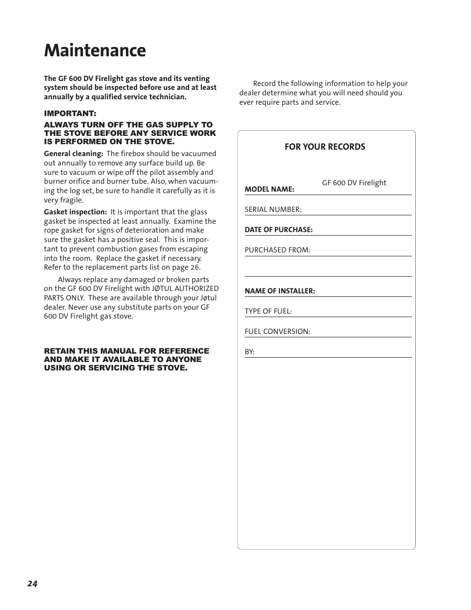 Maintenance | Jotul GF 600 DV User Manual | Page 24 / 28