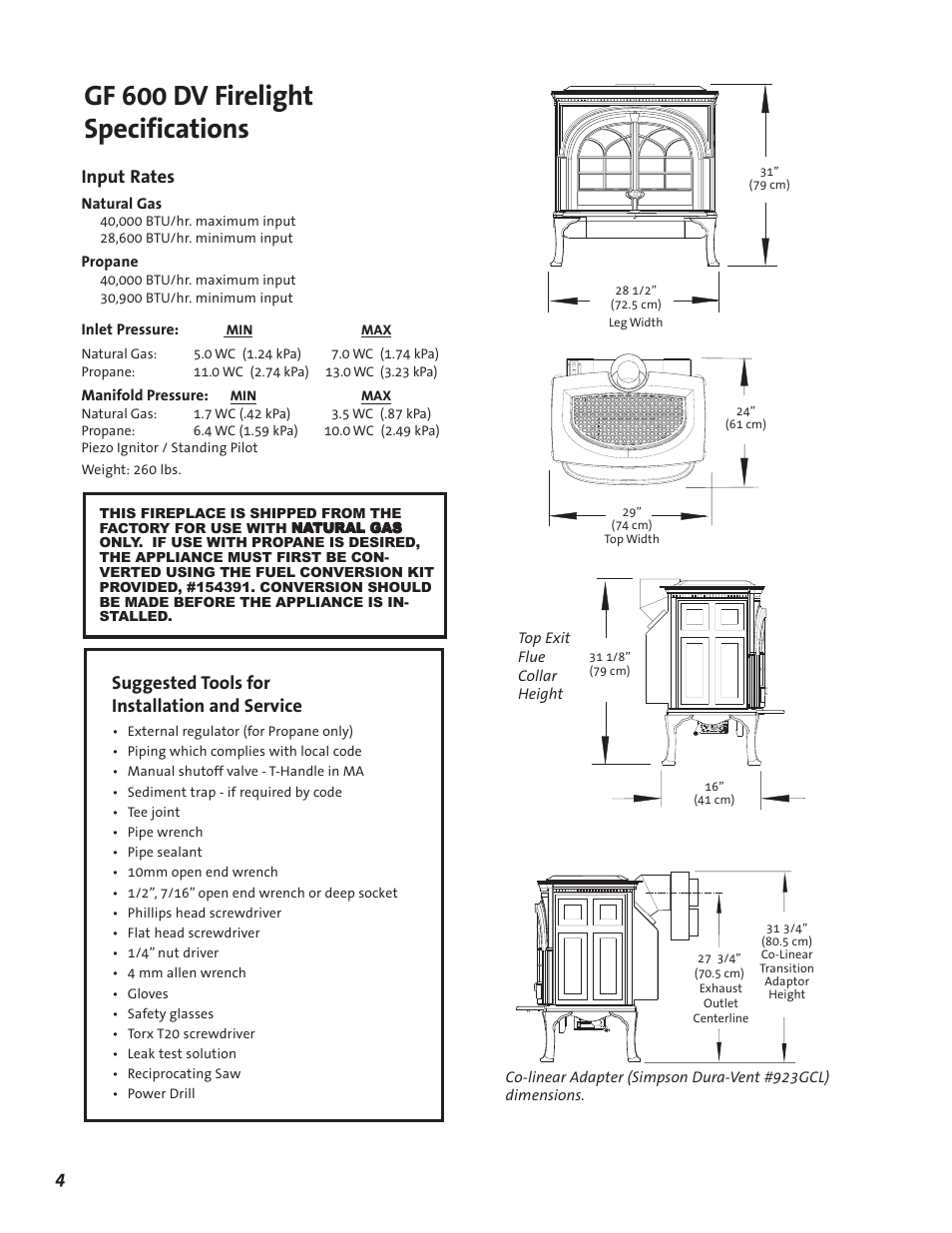 Gf 600 dv firelight specifications, Input rates, Suggested tools for installation and service | Jotul GF 600 DV User Manual | Page 4 / 28
