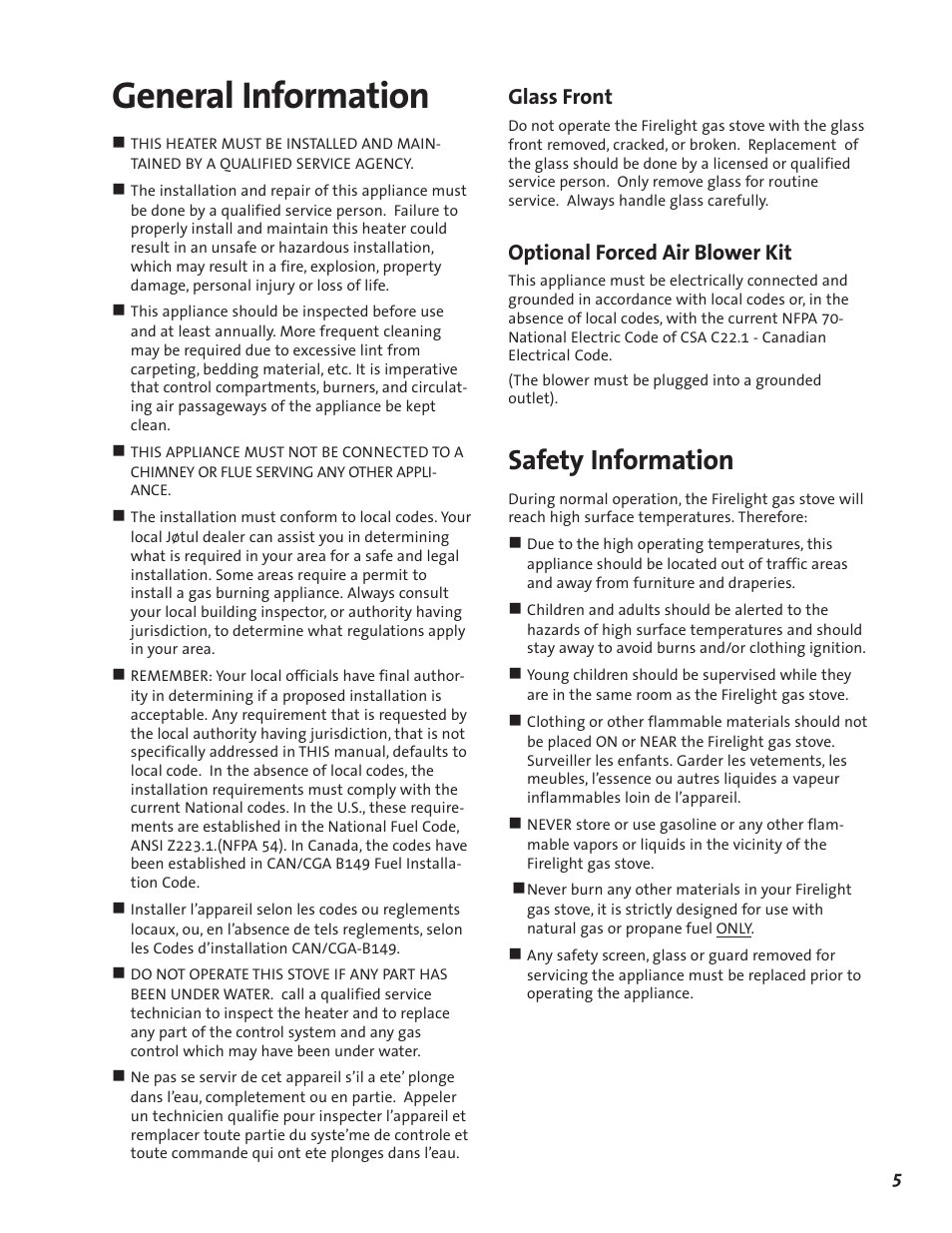 General information, Safety information, Glass front | Optional forced air blower kit | Jotul GF 600 DV User Manual | Page 5 / 28