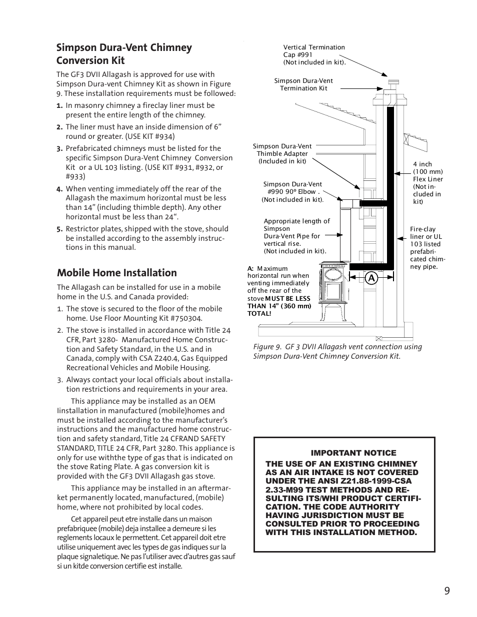 Simpson dura-vent chimney conversion kit, Mobile home installation | Jotul GF3 DVII User Manual | Page 11 / 28