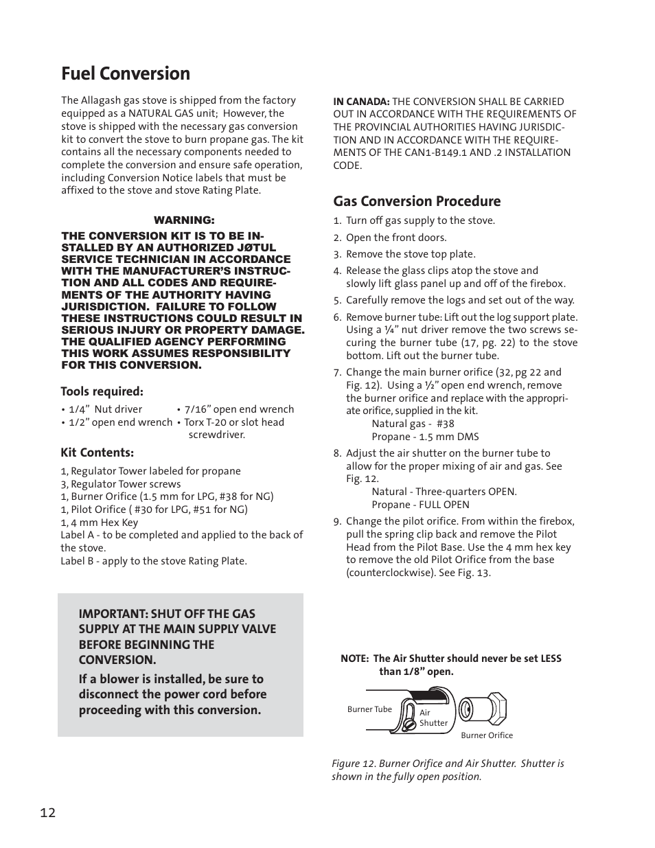 Fuel conversion, Gas conversion procedure | Jotul GF3 DVII User Manual | Page 14 / 28