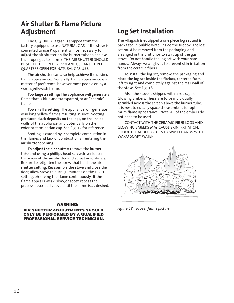 Log set installation, Air shutter & flame picture adjustment | Jotul GF3 DVII User Manual | Page 18 / 28