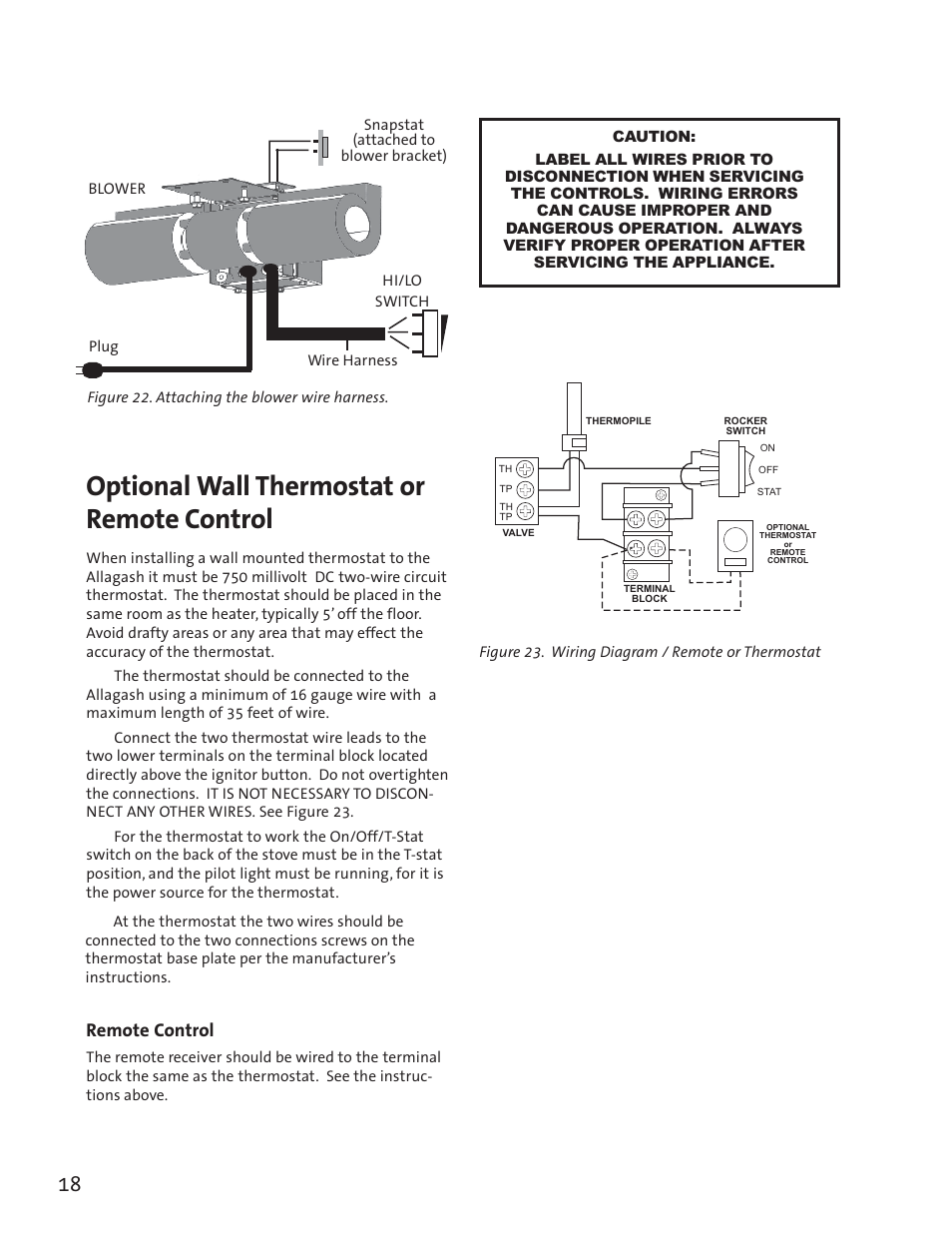 Optional wall thermostat or remote control, Remote control | Jotul GF3 DVII User Manual | Page 20 / 28