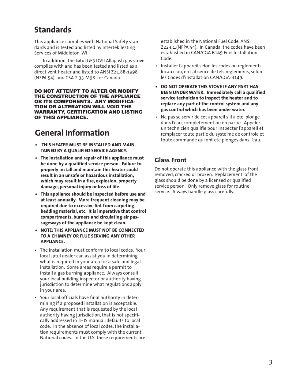 Standards, General information, Glass front | Jotul GF3 DVII User Manual | Page 5 / 28