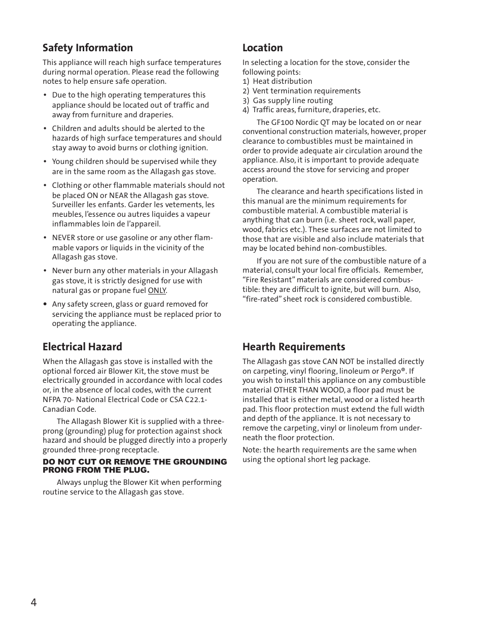 Electrical hazard, Location, Hearth requirements | Safety information | Jotul GF3 DVII User Manual | Page 6 / 28