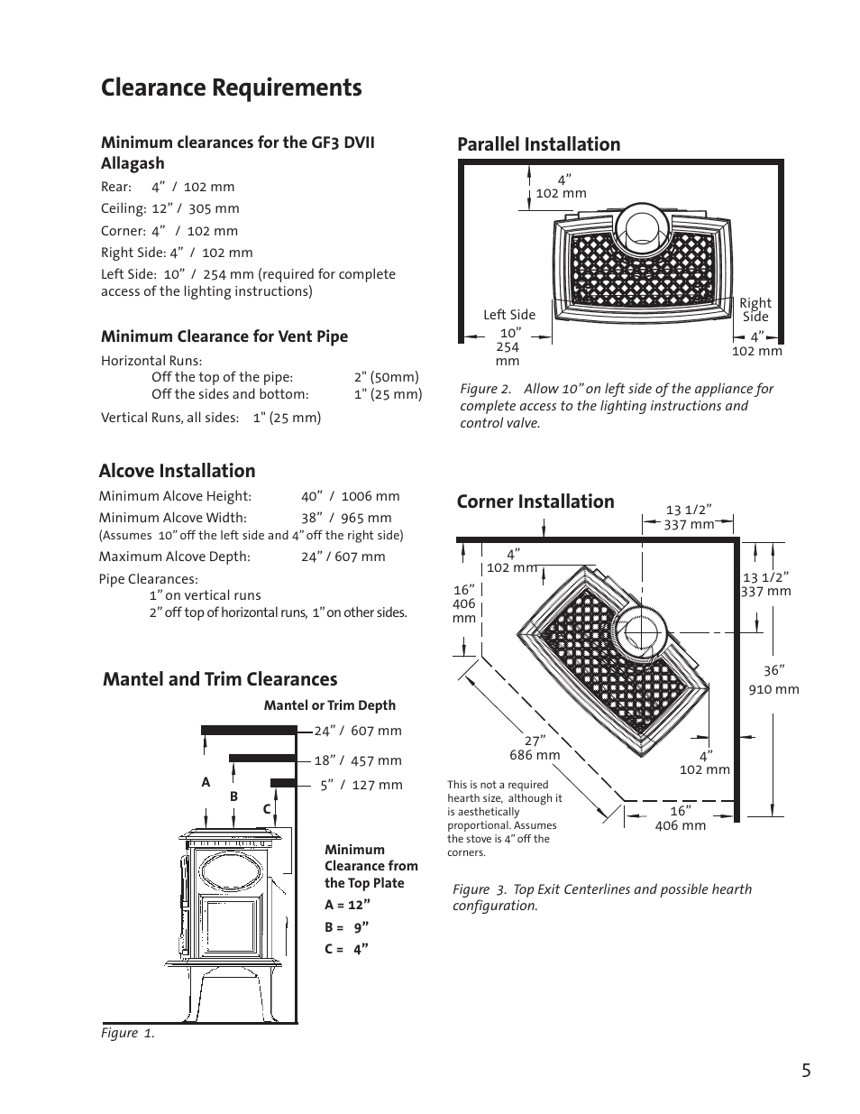 Clearance requirements, Corner installation alcove installation, Parallel installation mantel and trim clearances | Jotul GF3 DVII User Manual | Page 7 / 28