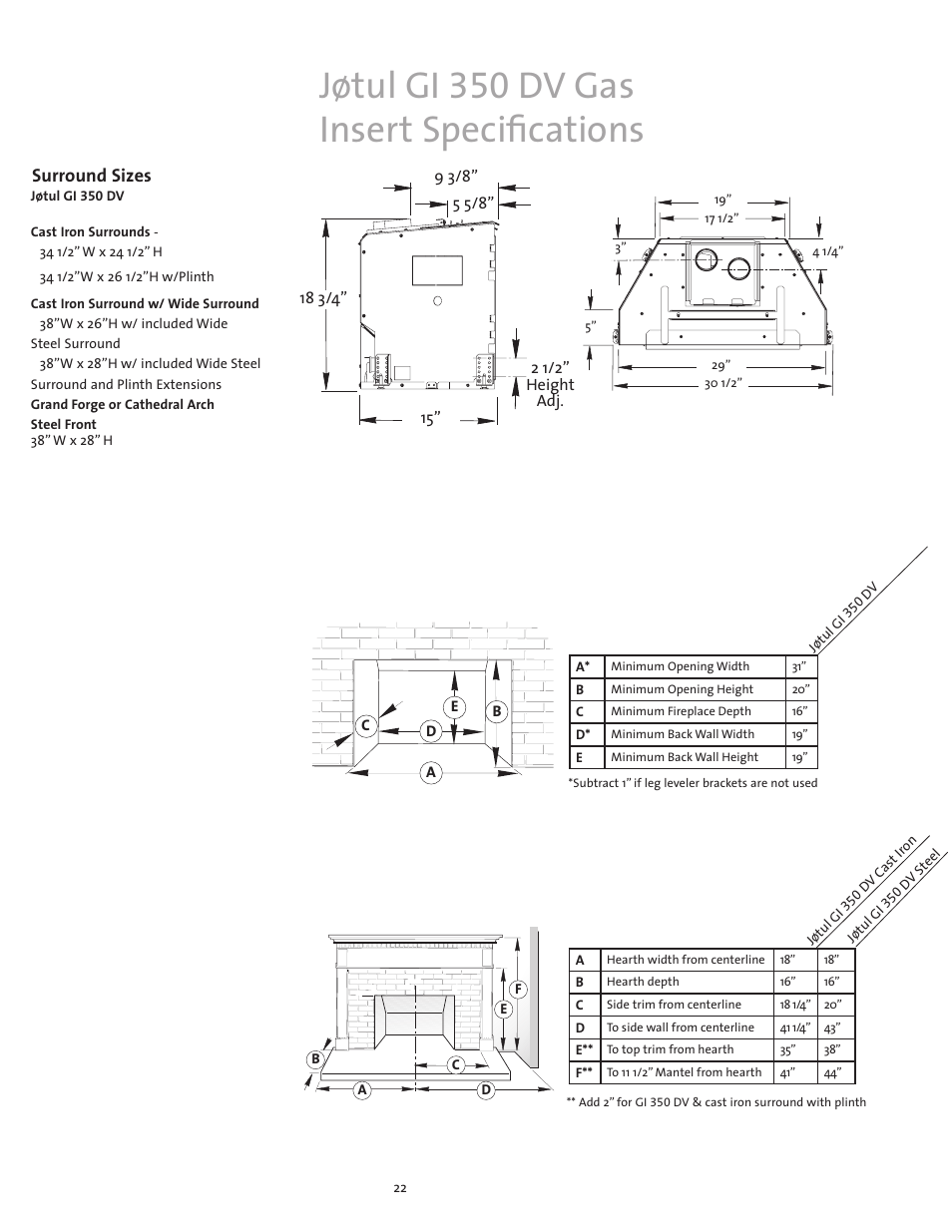 Jøtul gi 350 dv gas insert specifications, Surround sizes | Jotul Gas Inserts and Fireplaces User Manual | Page 22 / 28