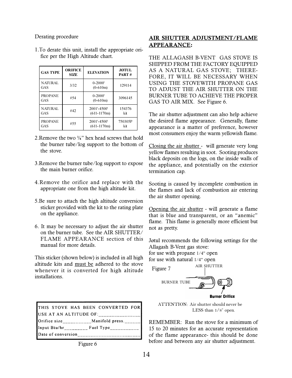 Air shutter adjustment/flame appearance, Derating procedure, Figure 6 figure 7 | Open for use with natural | Jotul GF 3 BV User Manual | Page 14 / 24