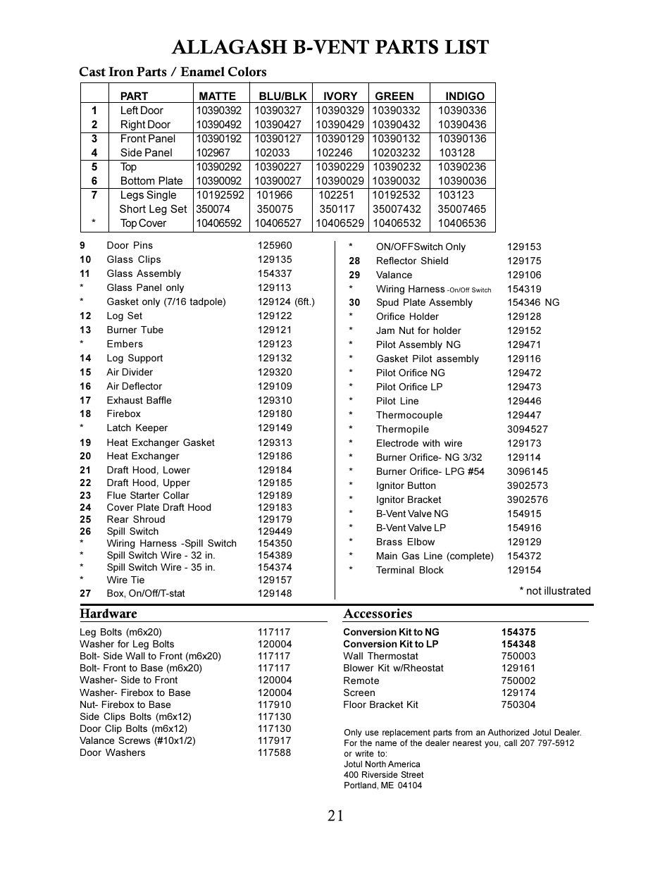 Allagash b-vent parts list, Accessories, Cast iron parts / enamel colors hardware | Jotul GF 3 BV User Manual | Page 21 / 24