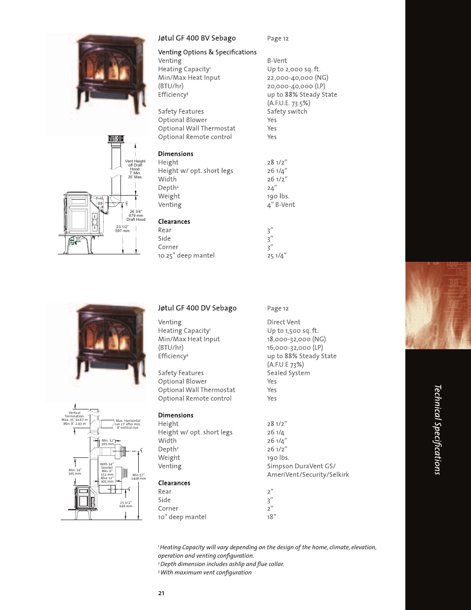 Depth dimension includes ashlip and flue collar, With maximum vent configuration | Jotul Gas Stove User Manual | Page 21 / 24