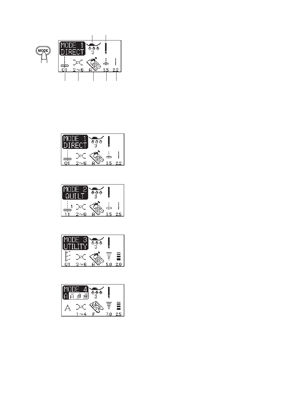 Selecting the sewing mode, Mode 1, Mode 2 mode 4 mode 3 | Janome Memory Craft 6500 User Manual | Page 24 / 78