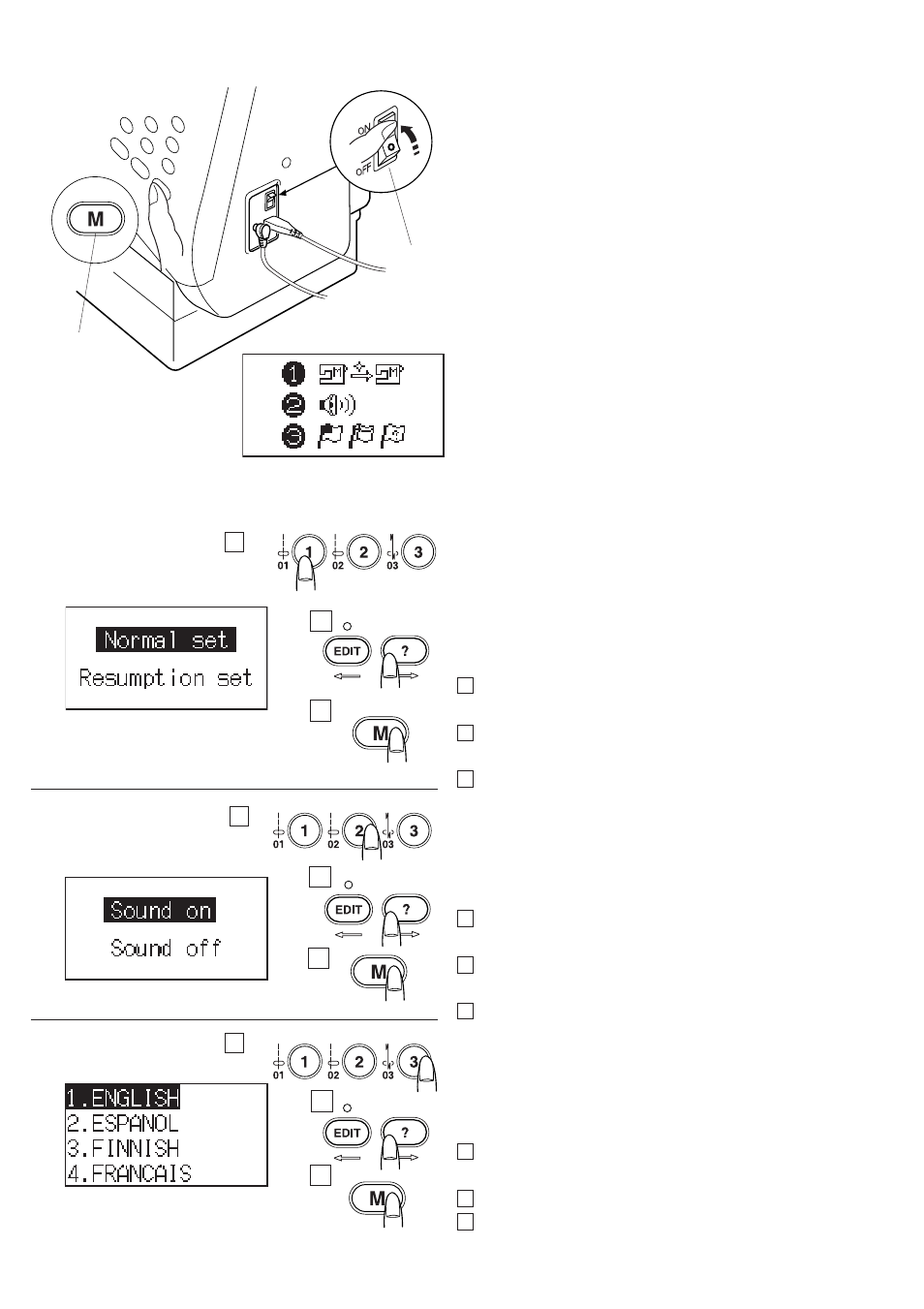 Customizing machine settings, Resumption setting, Sound setting | Language selection | Janome Memory Craft 6500 User Manual | Page 26 / 78