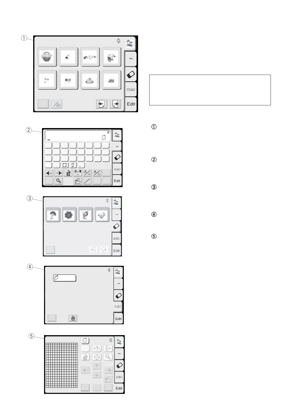 Key operations, Qw e r, Designs a z | Pattern selection window | Janome 350E User Manual | Page 21 / 52