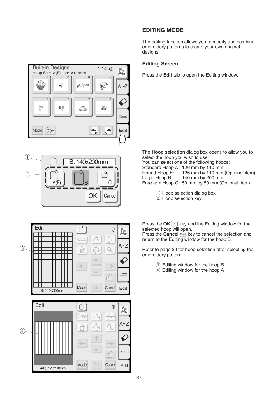 Editing mode, A(f) b, Cq w e r | Janome 350E User Manual | Page 39 / 52