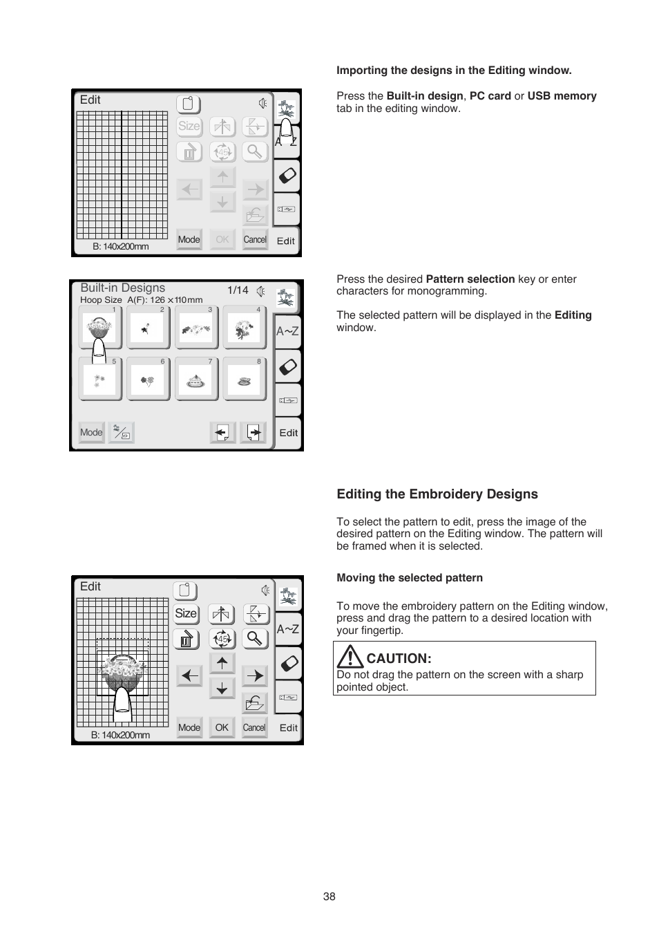 Editing the embroidery designs, Caution | Janome 350E User Manual | Page 40 / 52