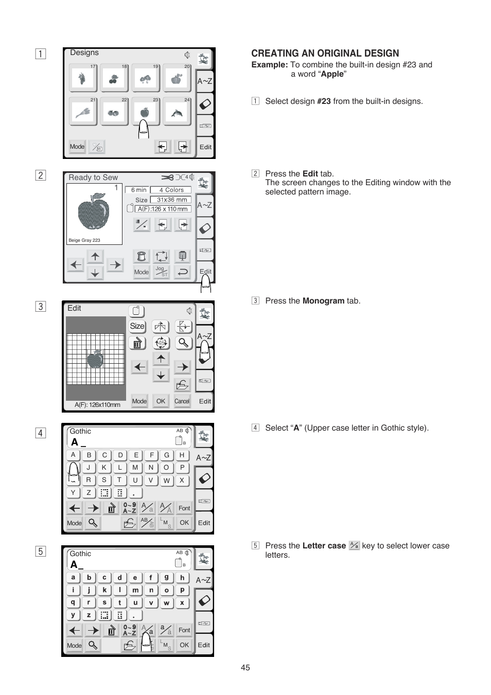 Zx c v b, Creating an original design | Janome 350E User Manual | Page 47 / 52