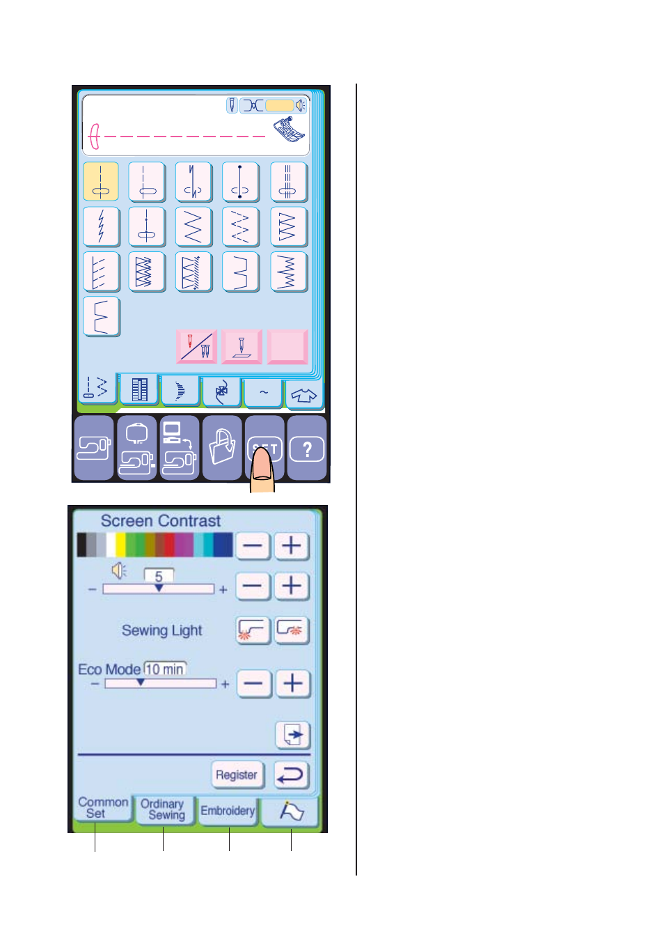 Machine settings, Strai, Ht stitch | Janome MEMORY CRAFT 10001 User Manual | Page 26 / 181