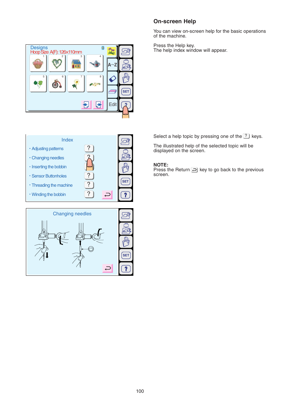 On-screen help | Janome MEMORY CRAFT 9700 User Manual | Page 102 / 110