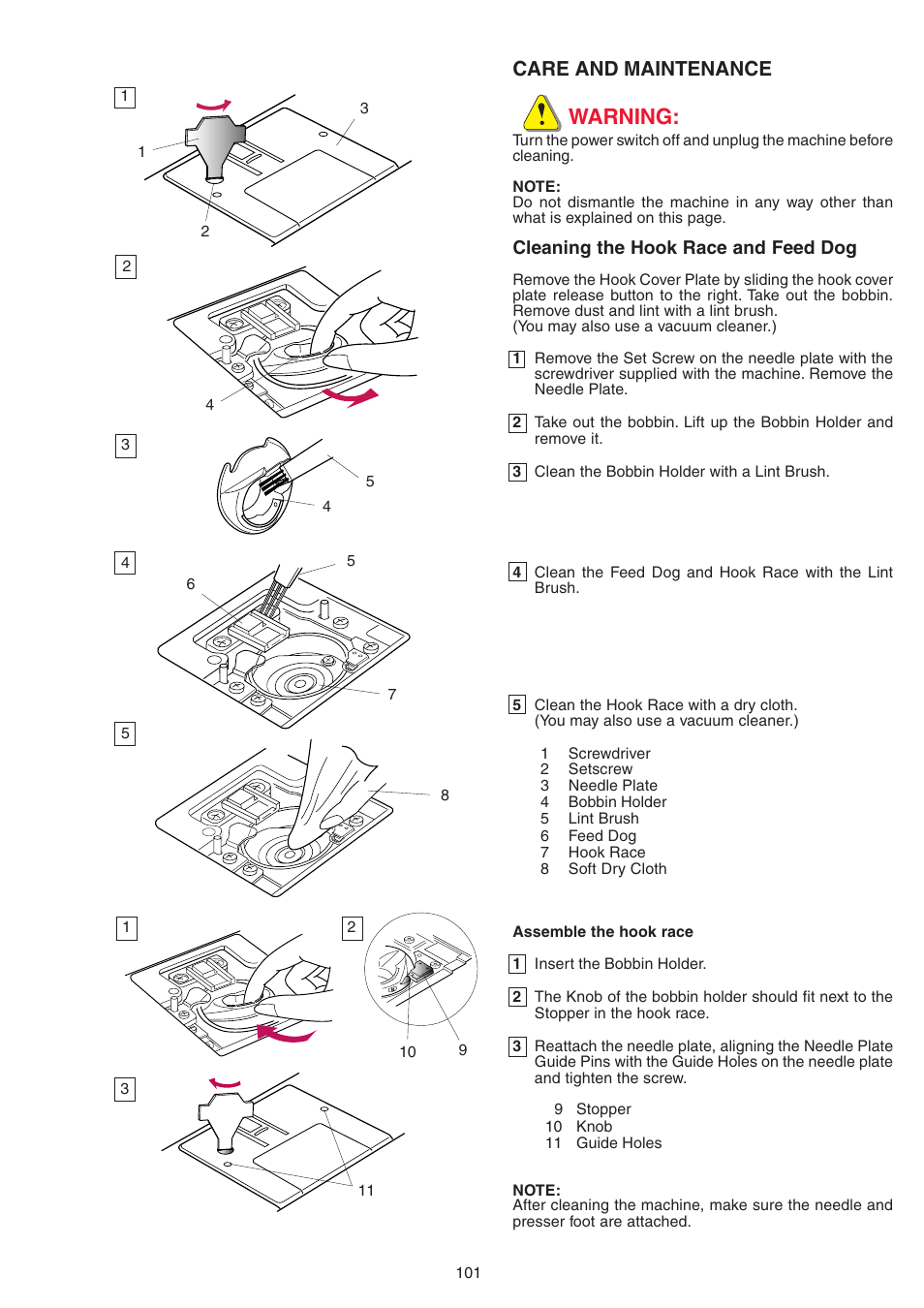 Warning, Care and maintenance | Janome MEMORY CRAFT 9700 User Manual | Page 103 / 110