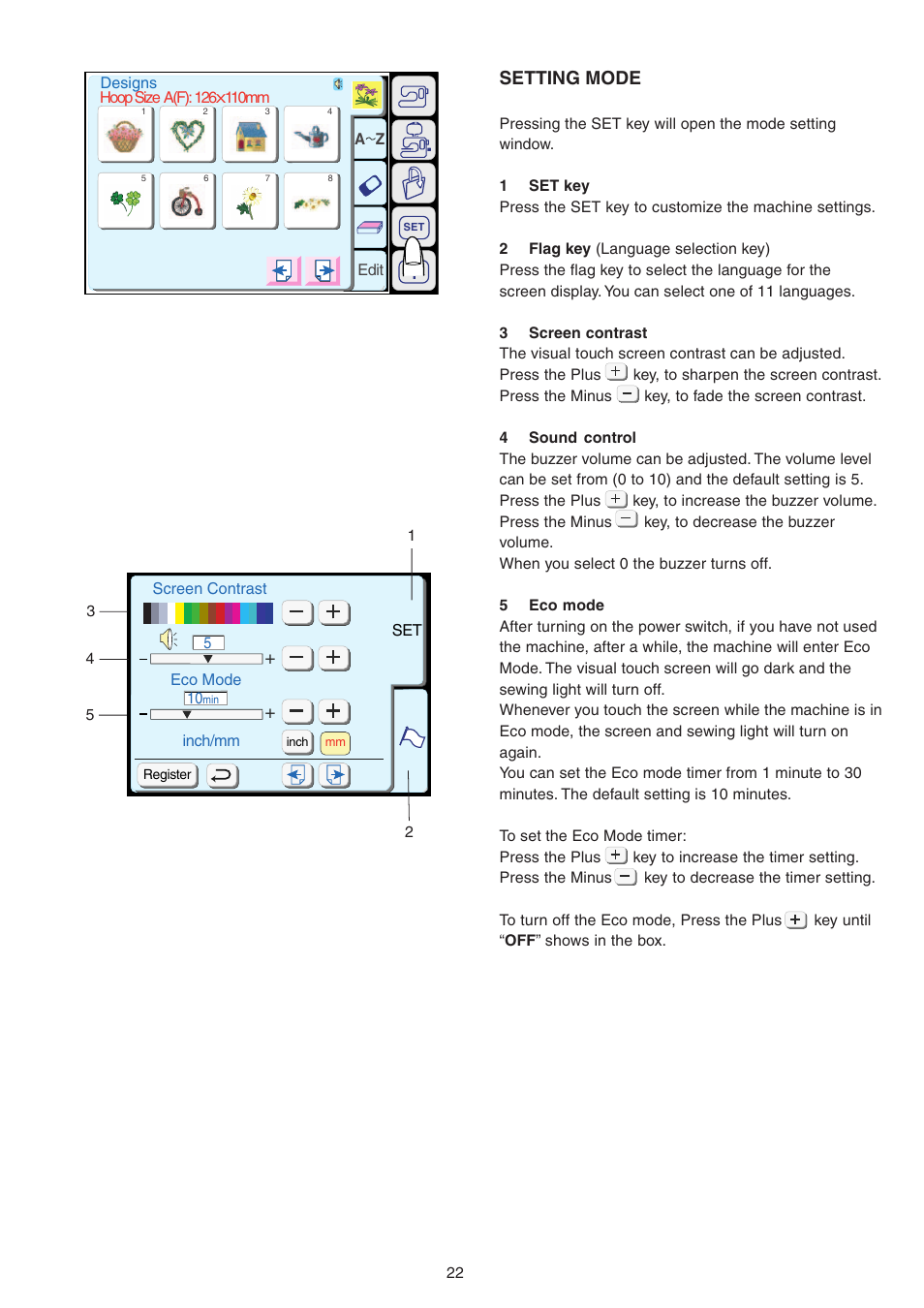 Setting mode | Janome MEMORY CRAFT 9700 User Manual | Page 24 / 110
