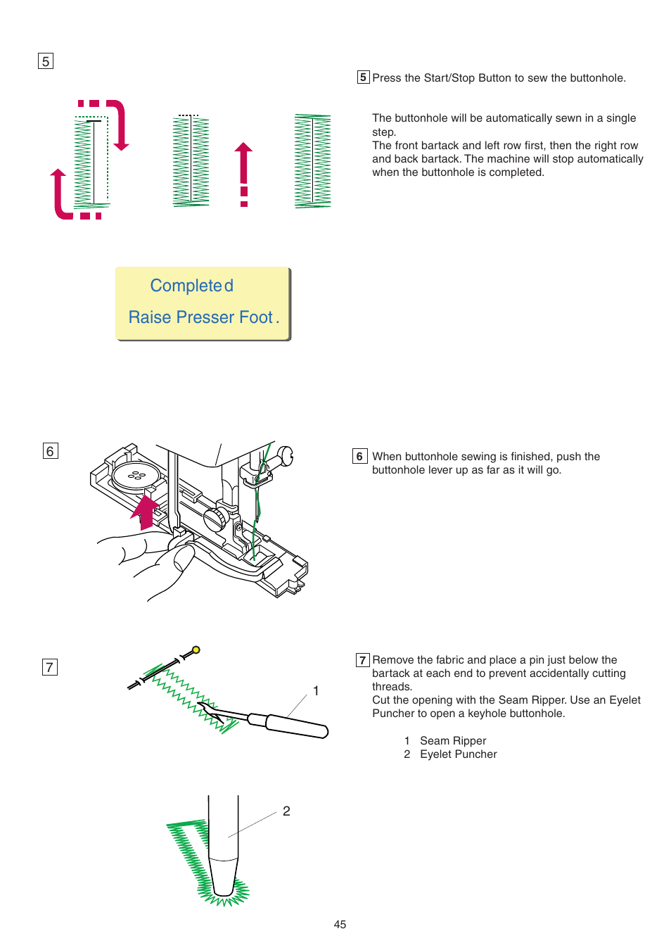Complete d raise presser foot | Janome MEMORY CRAFT 9700 User Manual | Page 47 / 110