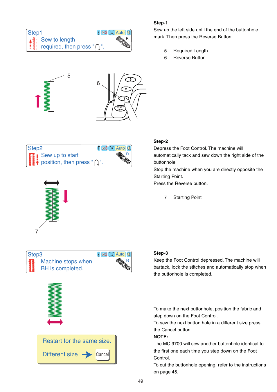 Restart for the same size. different size | Janome MEMORY CRAFT 9700 User Manual | Page 51 / 110