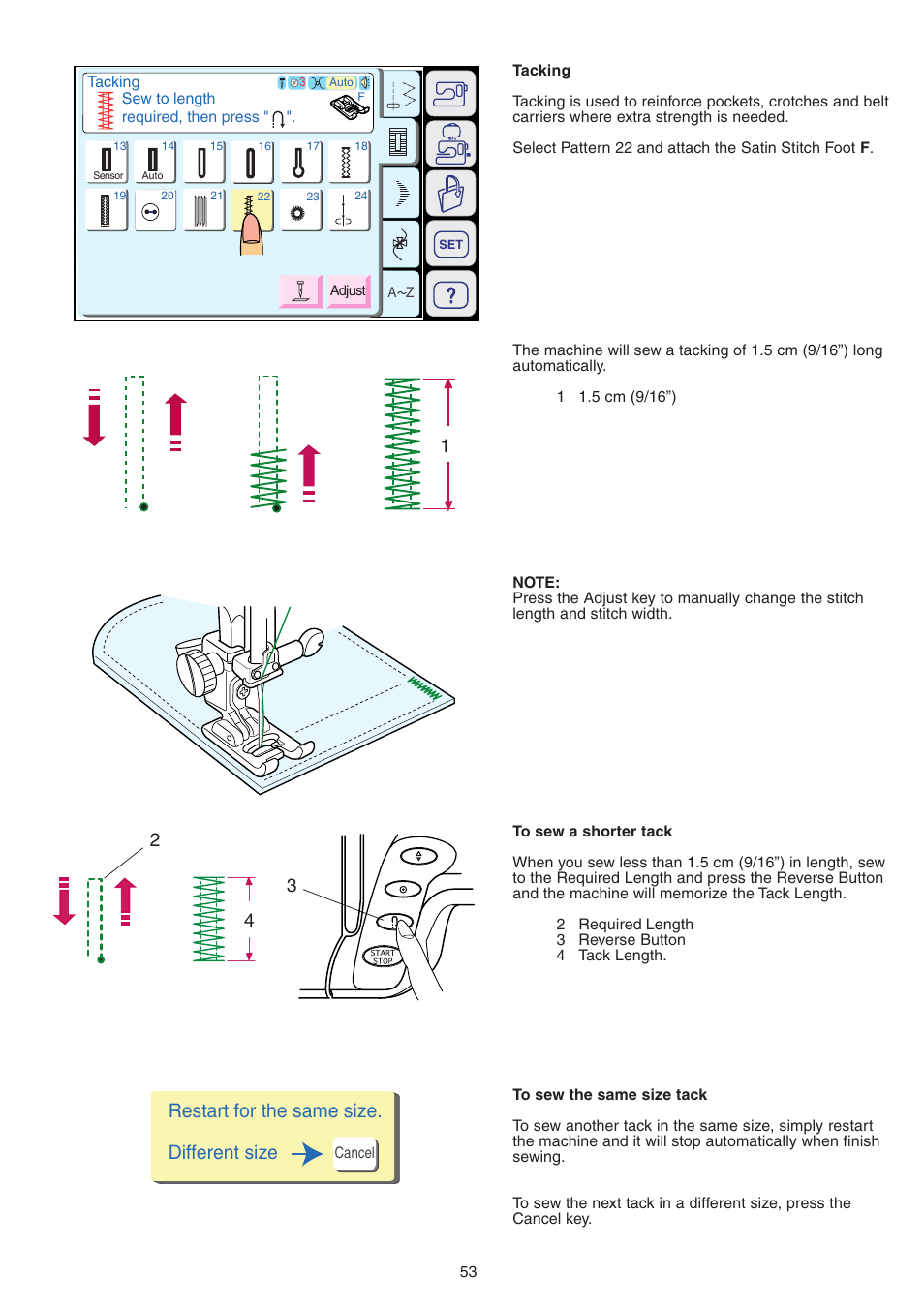 Restart for the same size. different size | Janome MEMORY CRAFT 9700 User Manual | Page 55 / 110
