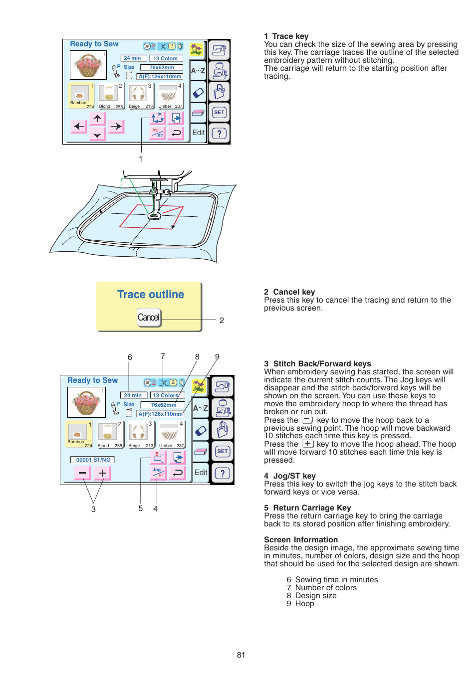 Trace outline, Cancel, A z edit | Ready to sew | Janome MEMORY CRAFT 9700 User Manual | Page 83 / 110