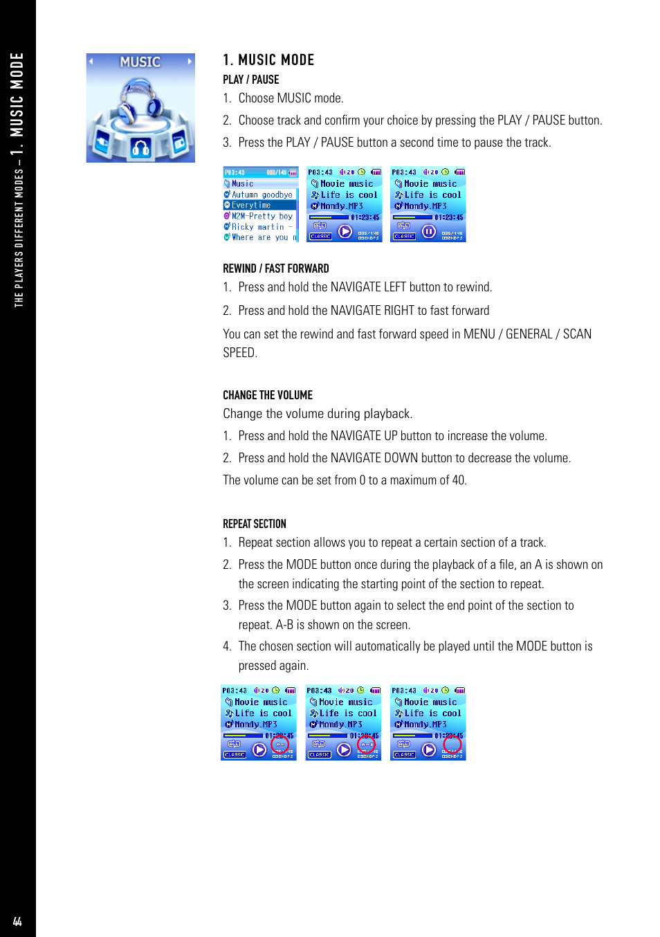 M us ic m od e, Music mode | Jens of Sweden MP-500V User Manual | Page 12 / 34