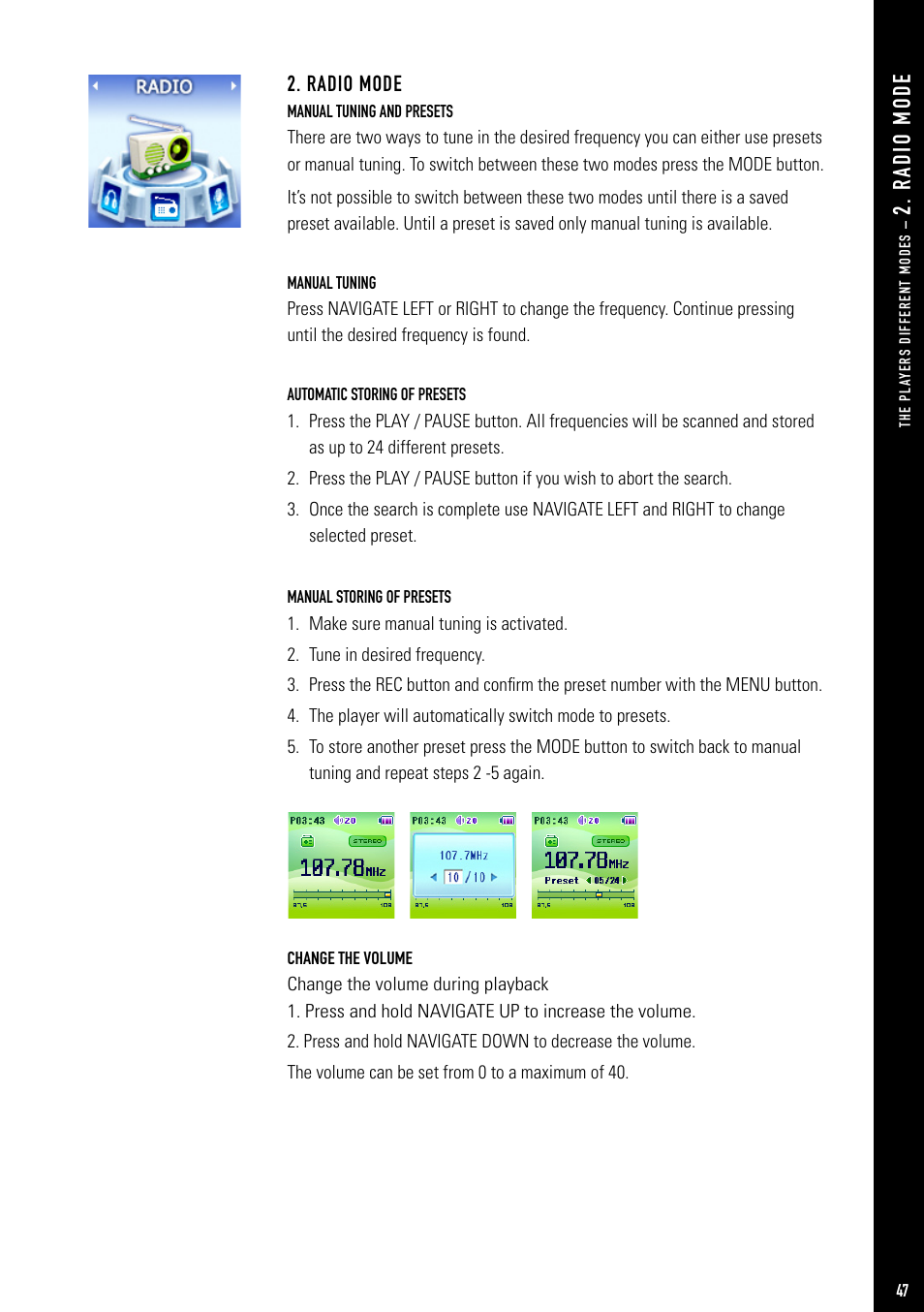 R ad io m od e, Radio mode | Jens of Sweden MP-500V User Manual | Page 15 / 34