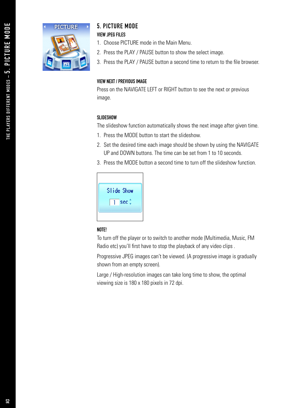 P ic tu re m od e, Picture mode | Jens of Sweden MP-500V User Manual | Page 20 / 34