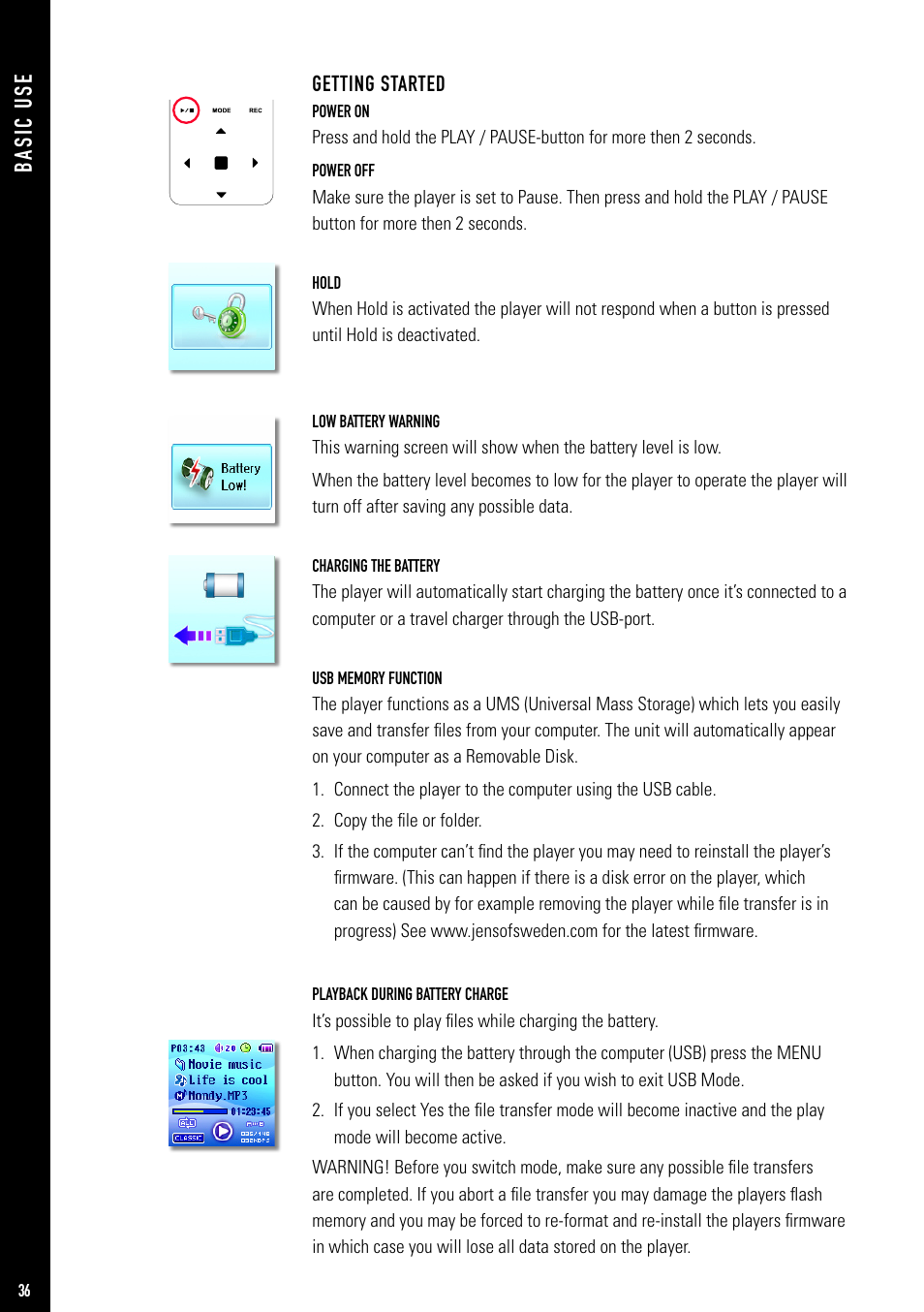 Ba si c us e, Getting started | Jens of Sweden MP-500V User Manual | Page 4 / 34