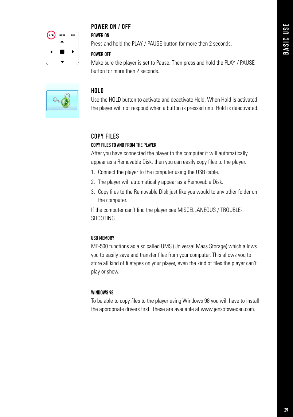 Ba si c us e, Power on / off, Hold | Copy files | Jens of Sweden MP-500 User Manual | Page 5 / 36