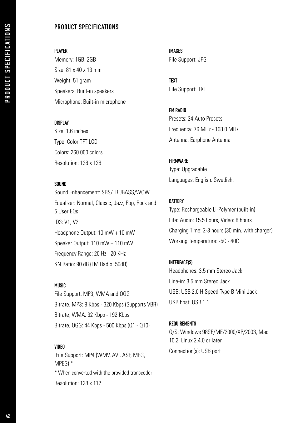 Pr od uc t sp ec if ic at io ns | Jens of Sweden MP-500 User Manual | Page 8 / 36
