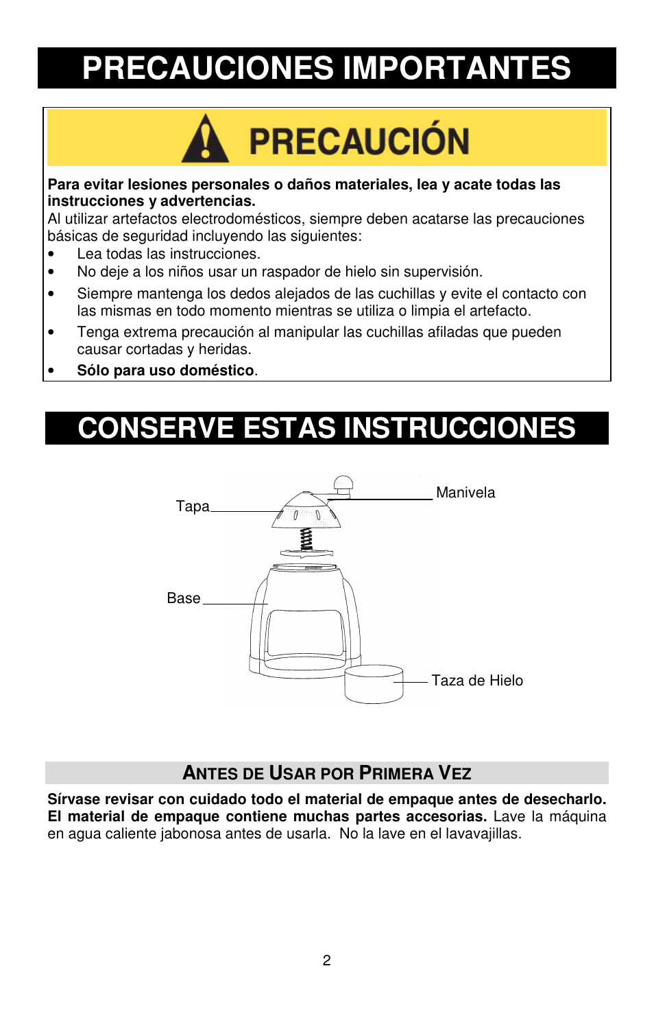 Precauciones importantes, Conserve estas instrucciones | Jelly Belly Manual Ice Shaver User Manual | Page 10 / 12