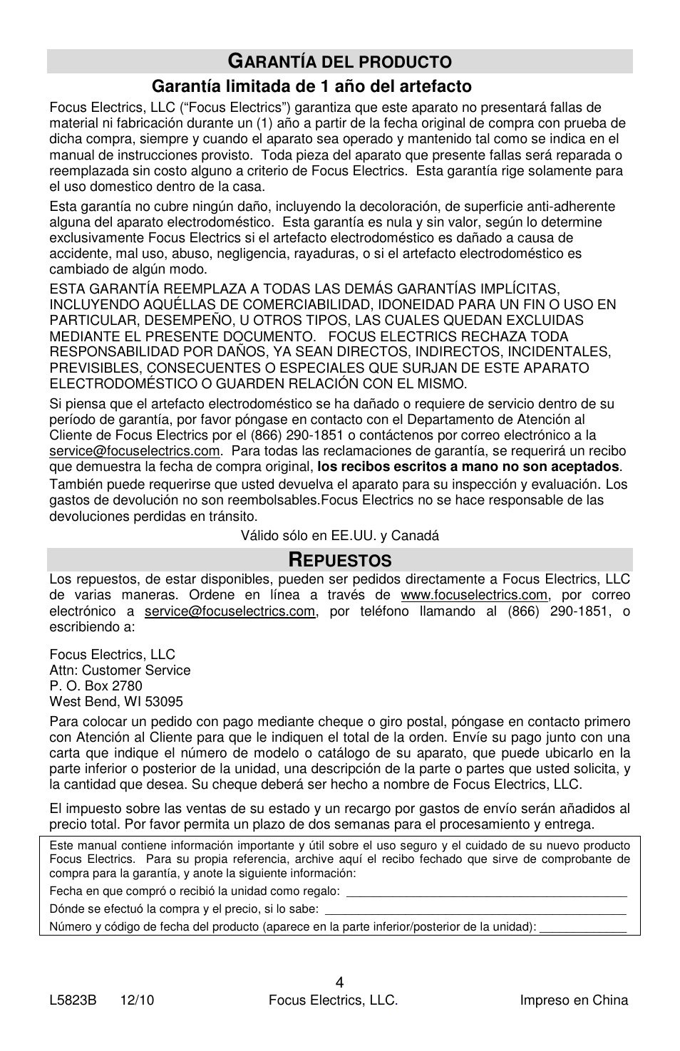 Garantía limitada de 1 año del artefacto, Arantía del producto, Epuestos | Jelly Belly Manual Ice Shaver User Manual | Page 12 / 12