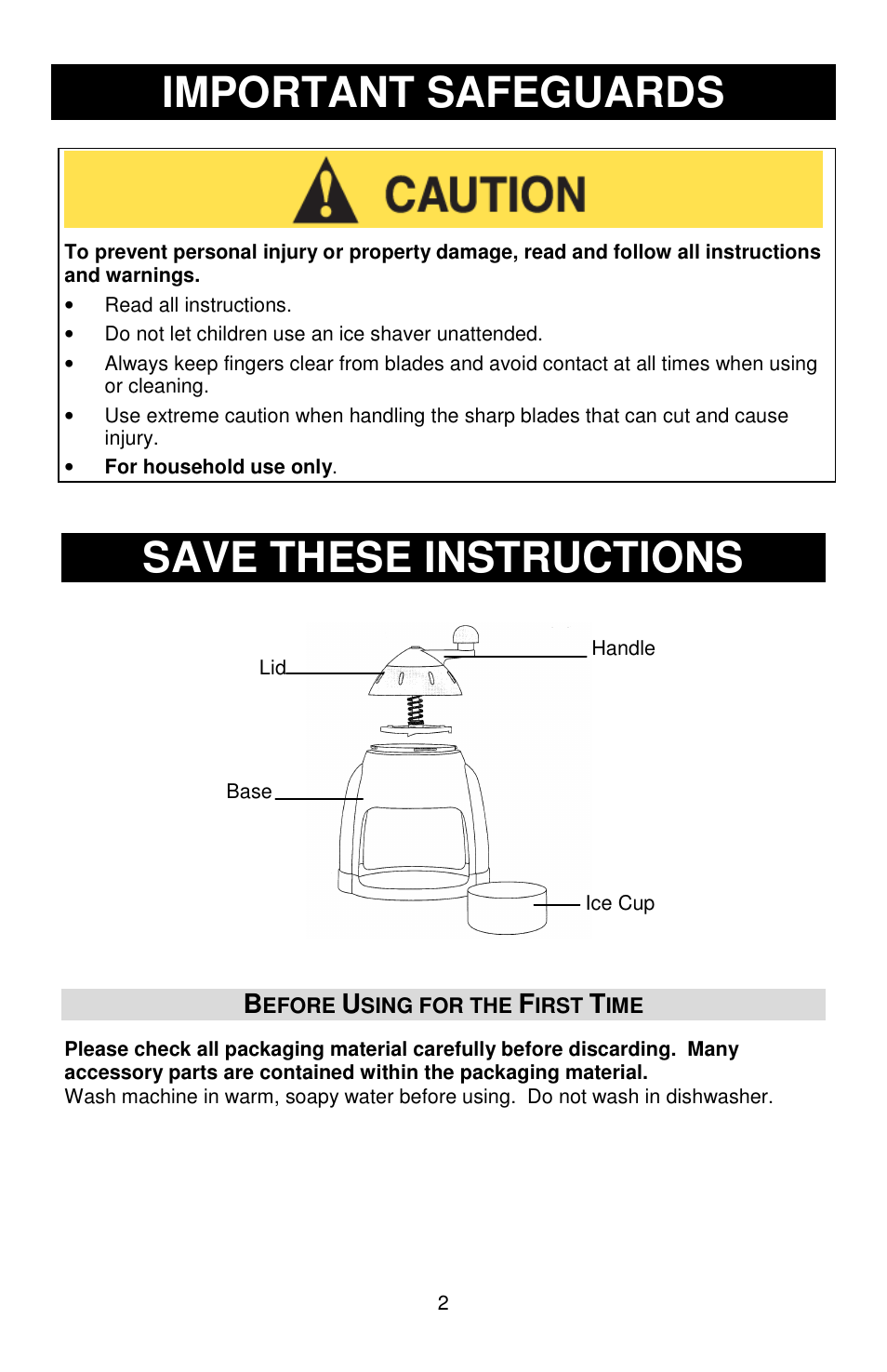 Important safeguards, Save these instructions | Jelly Belly Manual Ice Shaver User Manual | Page 2 / 12