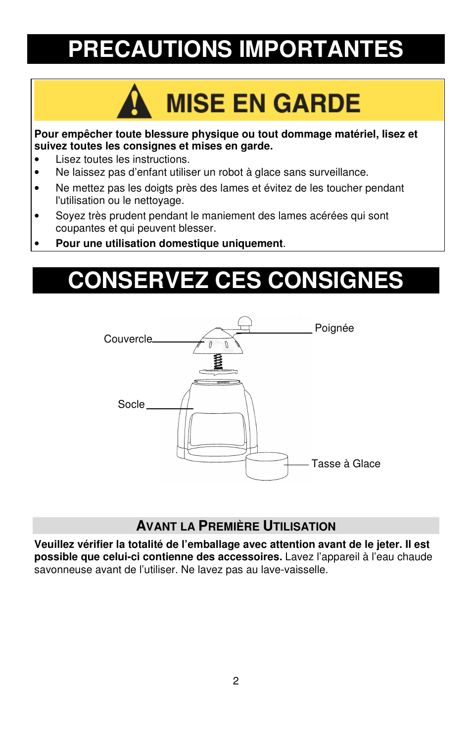 Precautions importantes, Conservez ces consignes | Jelly Belly Manual Ice Shaver User Manual | Page 6 / 12