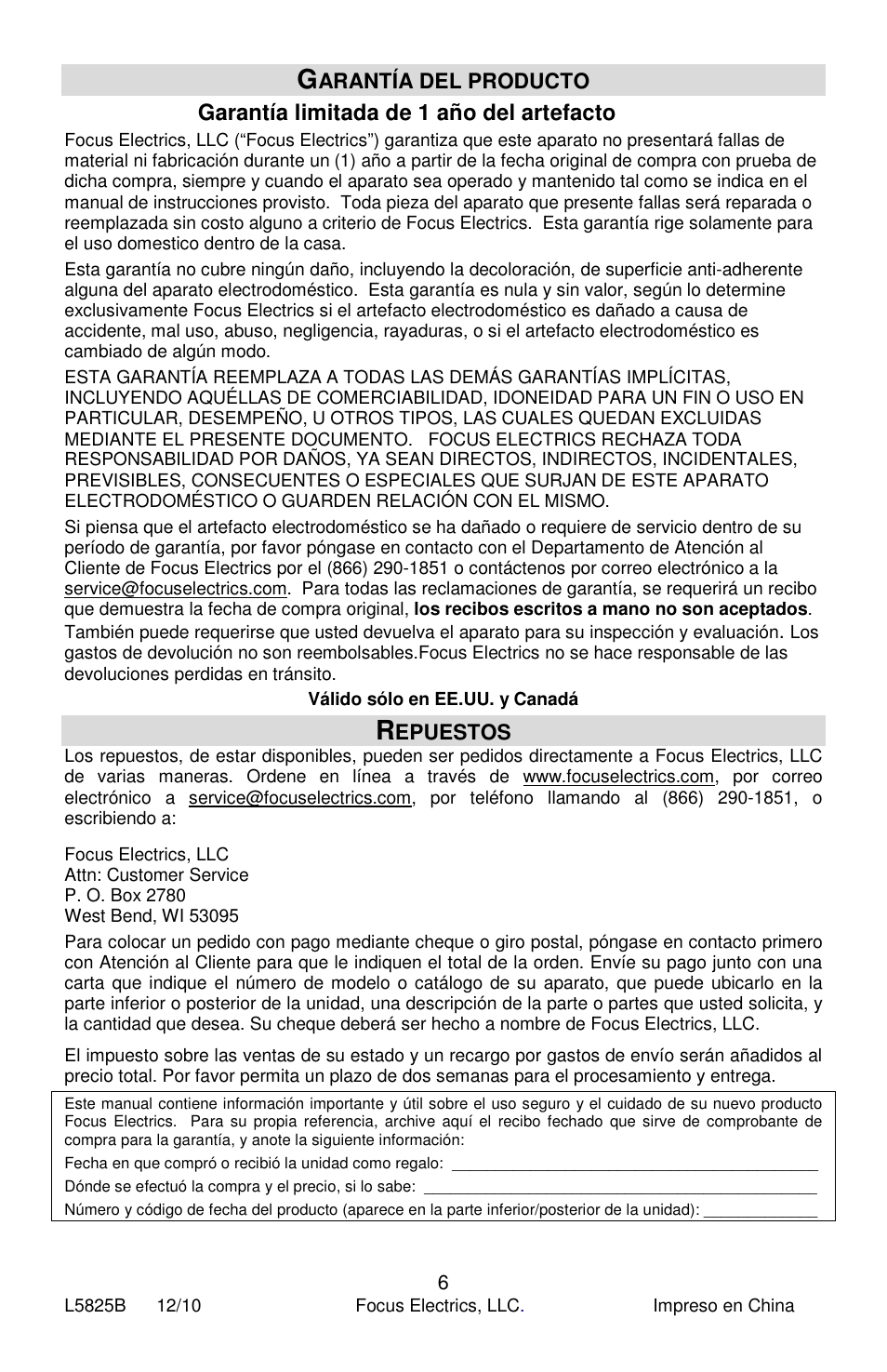 Garantía limitada de 1 año del artefacto, Arantía del producto, Epuestos | Jelly Belly Slushi Express User Manual | Page 18 / 20