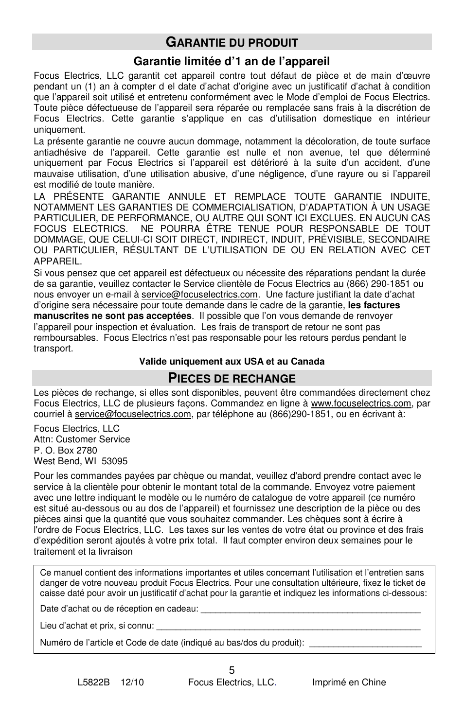 Garantie limitée d’1 an de l’appareil, Arantie du produit, Ieces de rechange | Jelly Belly Ice Shaver User Manual | Page 10 / 16