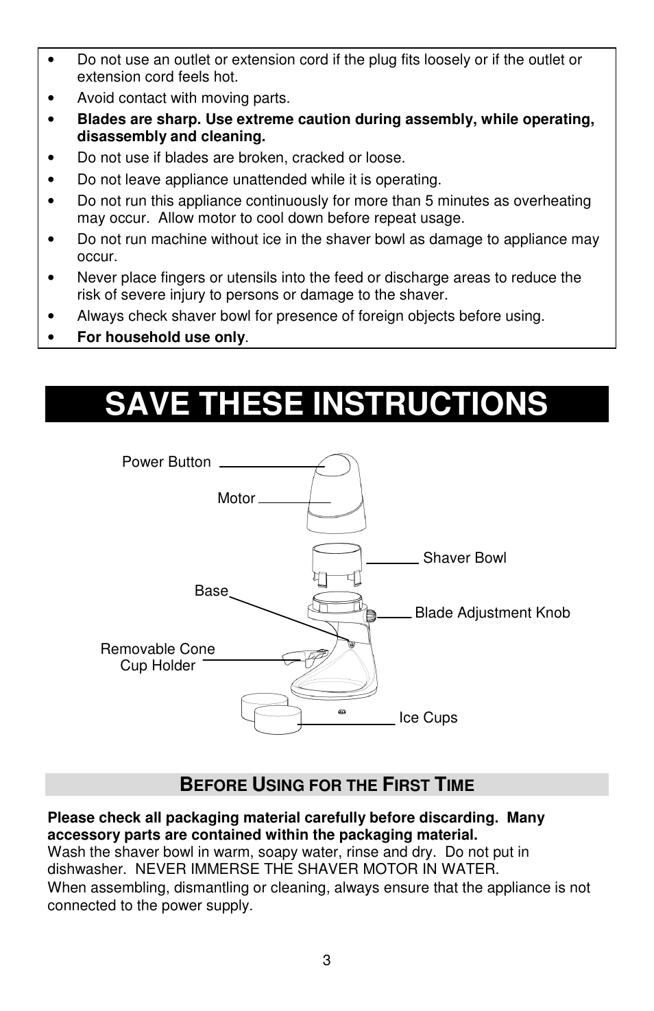 Save these instructions | Jelly Belly Ice Shaver User Manual | Page 3 / 16