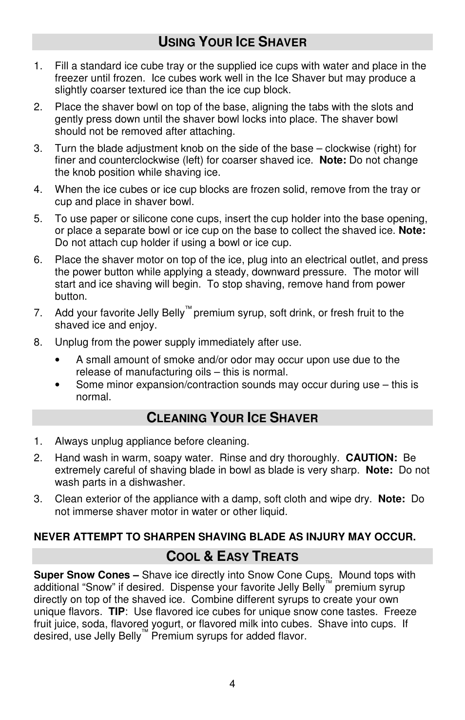 Jelly Belly Ice Shaver User Manual | Page 4 / 16