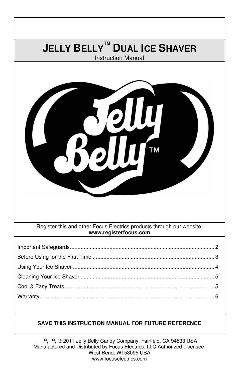 Jelly Belly Dual Ice Shaver User Manual | 20 pages