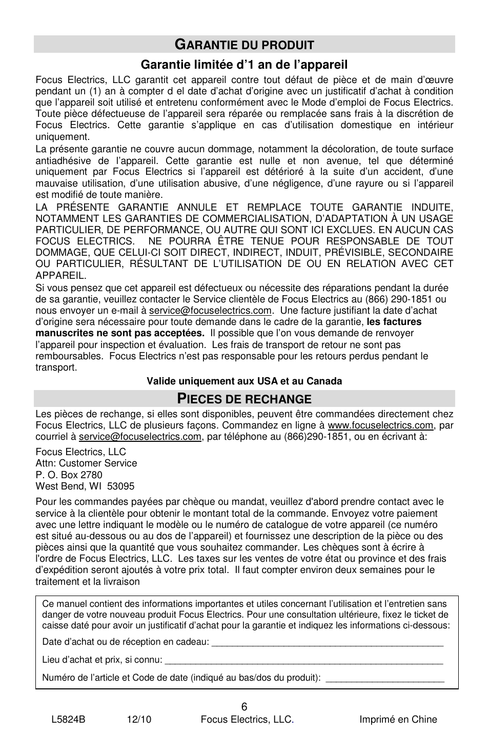 Garantie limitée d’1 an de l’appareil, Arantie du produit, Ieces de rechange | Jelly Belly Dual Ice Shaver User Manual | Page 12 / 20