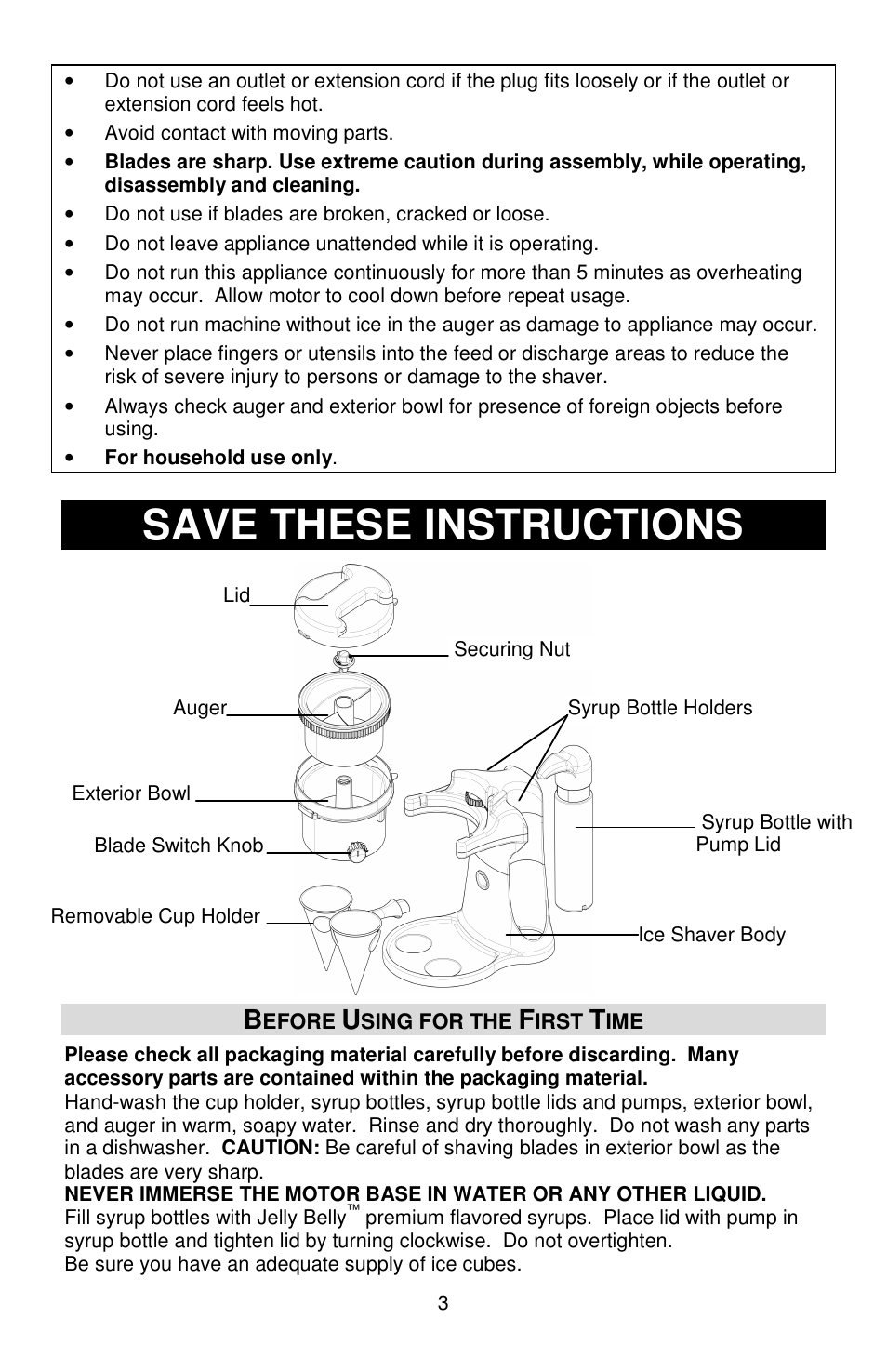 Save these instructions | Jelly Belly Dual Ice Shaver User Manual | Page 3 / 20