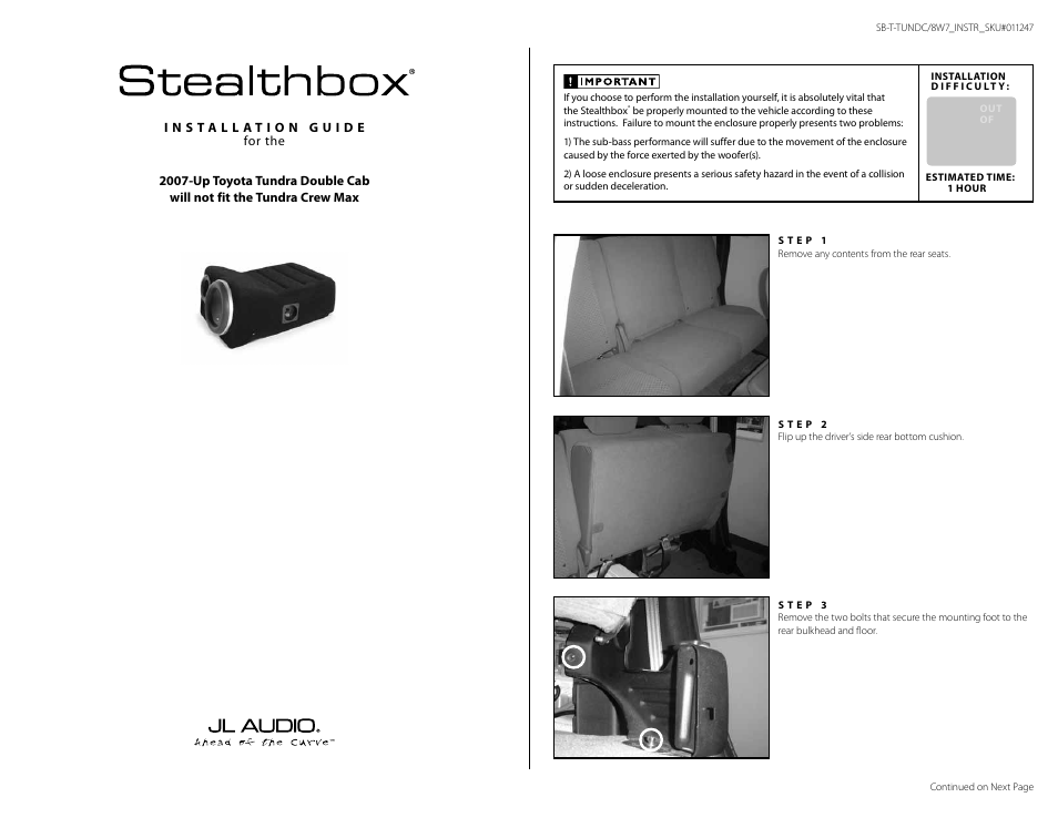 JL Audio SB-T-TUNDC/8W7/GA User Manual | 3 pages