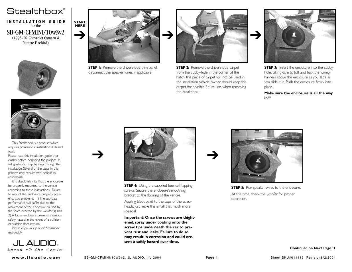 JL Audio Stealthbox SB-GM-CFMINI/10W3v2 User Manual | 2 pages